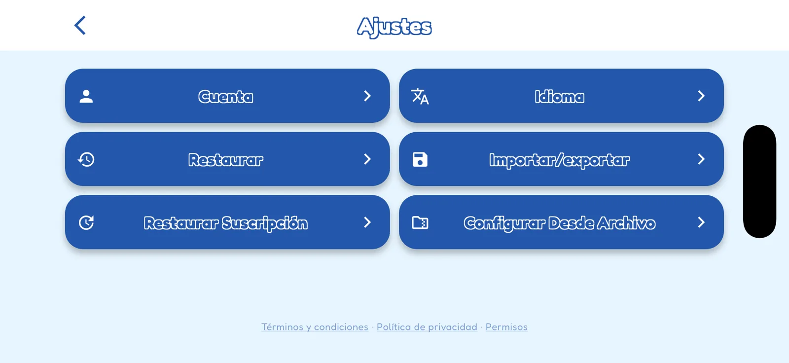 Pantalla de ajustes