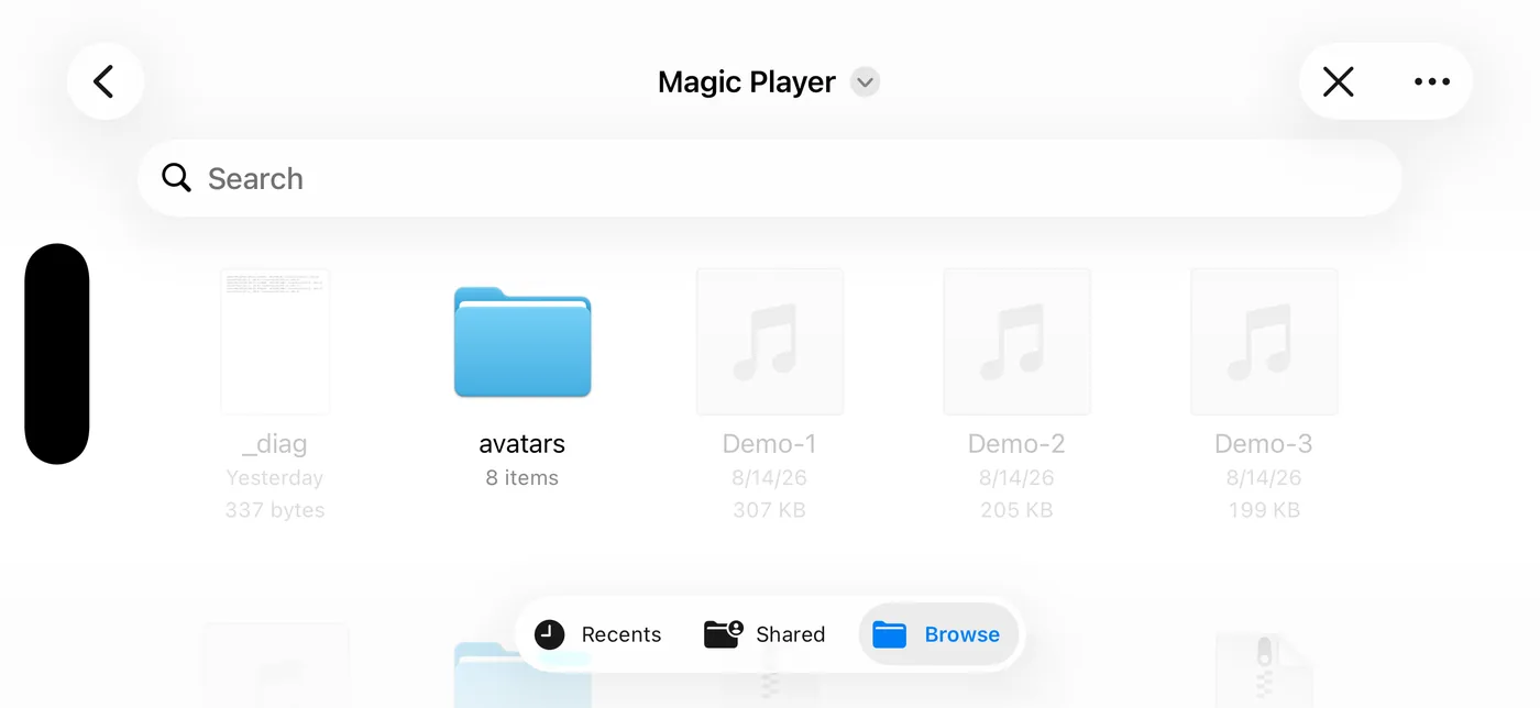 Explorador de archivos abierto desde Magic Player